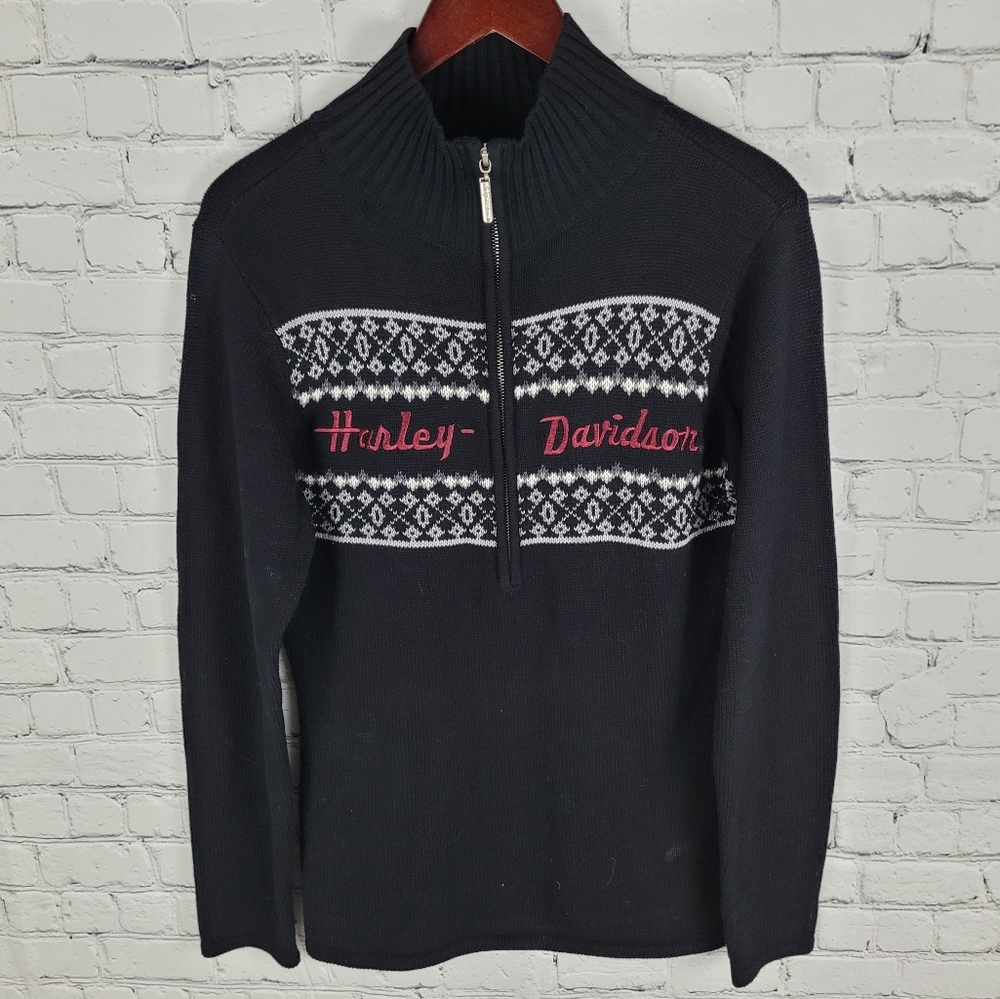 HARLEY DAVIDSON | ½ zip spellout nordic design mock neck pullover sweater